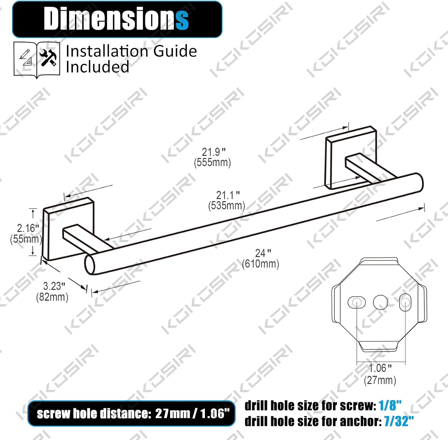 KOKOSIRI 24 Inch Hand Towel Bar Bathroom Towel Holder for Bath Standing Towel Rack for 2-Tier Towel Holder with Heavy Marble Base Matte Black B4005BK-L24+THS0005-BK
