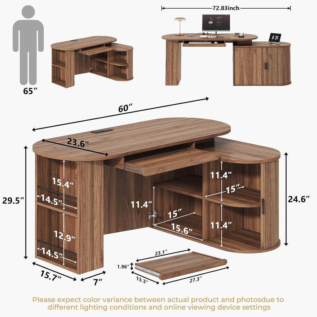 HSH Office L Shaped Computer Desk with Storage Cabinet, Reversible Corner L Desks with Keyboard Tray and Open Shelf, Home Office Executive Desk with Power Outlet for Study Workstation, Walnut 60 Inch
