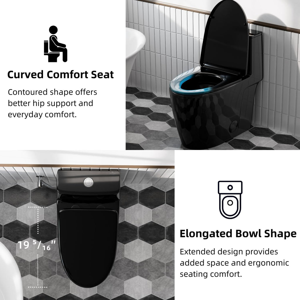 Black Toilet with Rimless Swirl Flush, Los Flexi 17.3' ADA Modern Elongated One Piece Toilets For Bathrooms, Dual Flush 1.0/1.28 GPF, Comfort Chair Height, Soft-Close Black Toilet Seat & 12' Rough-In