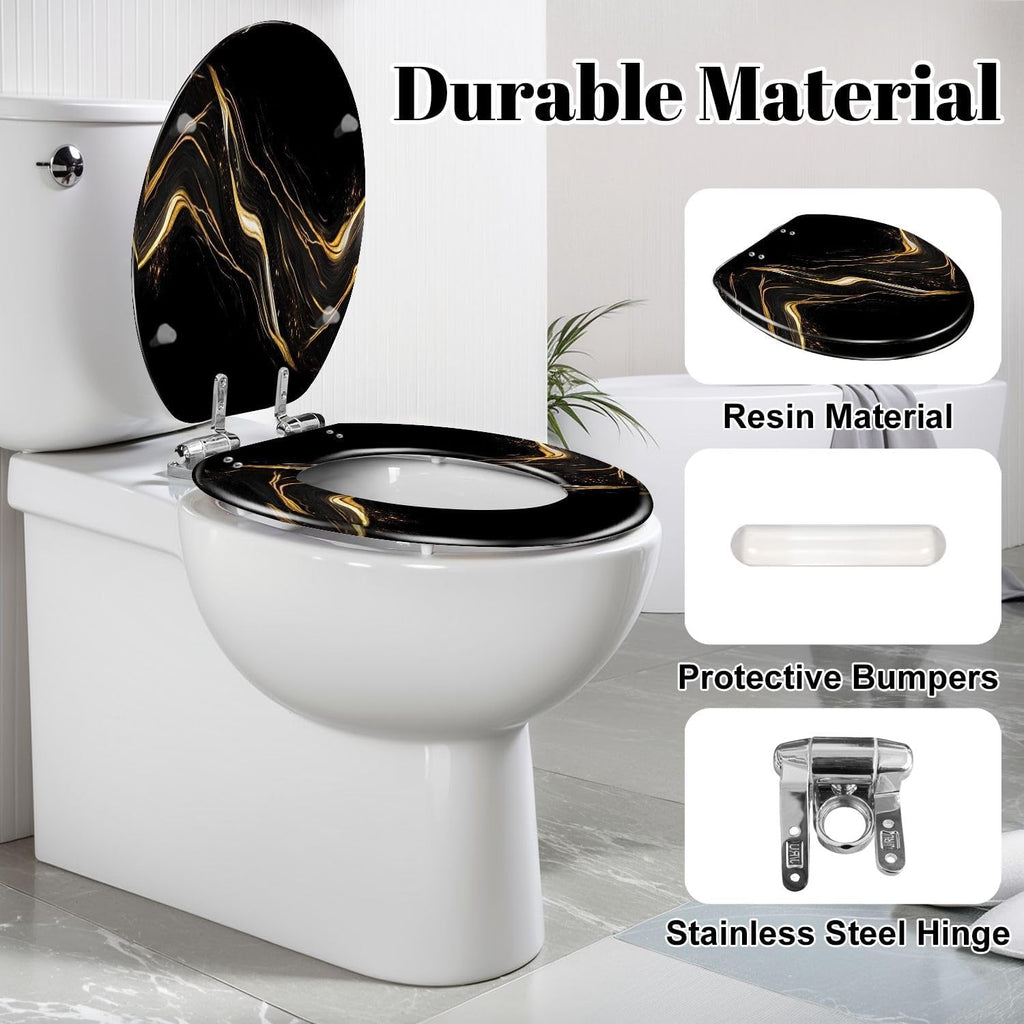 Elongated Toilet Seat Marble texture wall surface black gold ink pattern graphic granite Resin Toilet Seat Slow Quiet Close Lid with Quick-Release Hinges Cover Bumpers Easy to Clean Install
