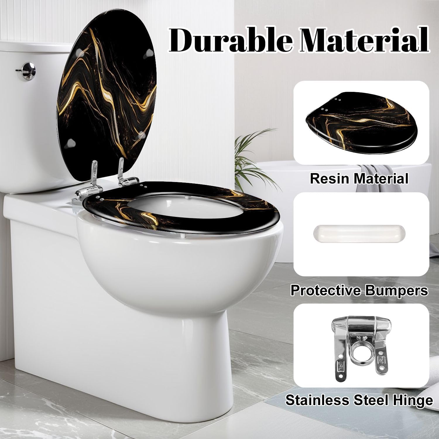 Elongated Toilet Seat Marble texture wall surface black gold ink pattern graphic granite Resin Toilet Seat Slow Quiet Close Lid with Quick-Release Hinges Cover Bumpers Easy to Clean Install
