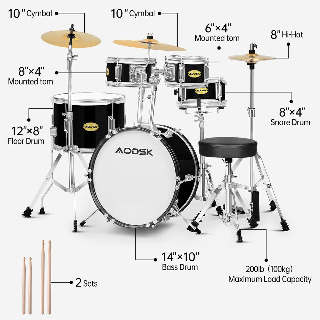 AODSK Drum Sets 5-Piece for Beginners, 14 inch Full Size Complete Drum Kit with Adjustable Throne, Cymbal, Hi-Hat, Pedal & Drumstick