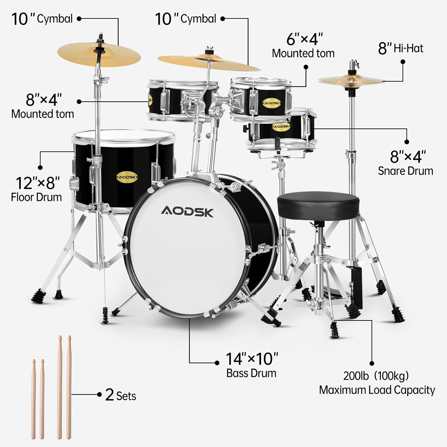 AODSK Drum Sets 5-Piece for Beginners, 14 inch Full Size Complete Drum Kit with Adjustable Throne, Cymbal, Hi-Hat, Pedal & Drumstick