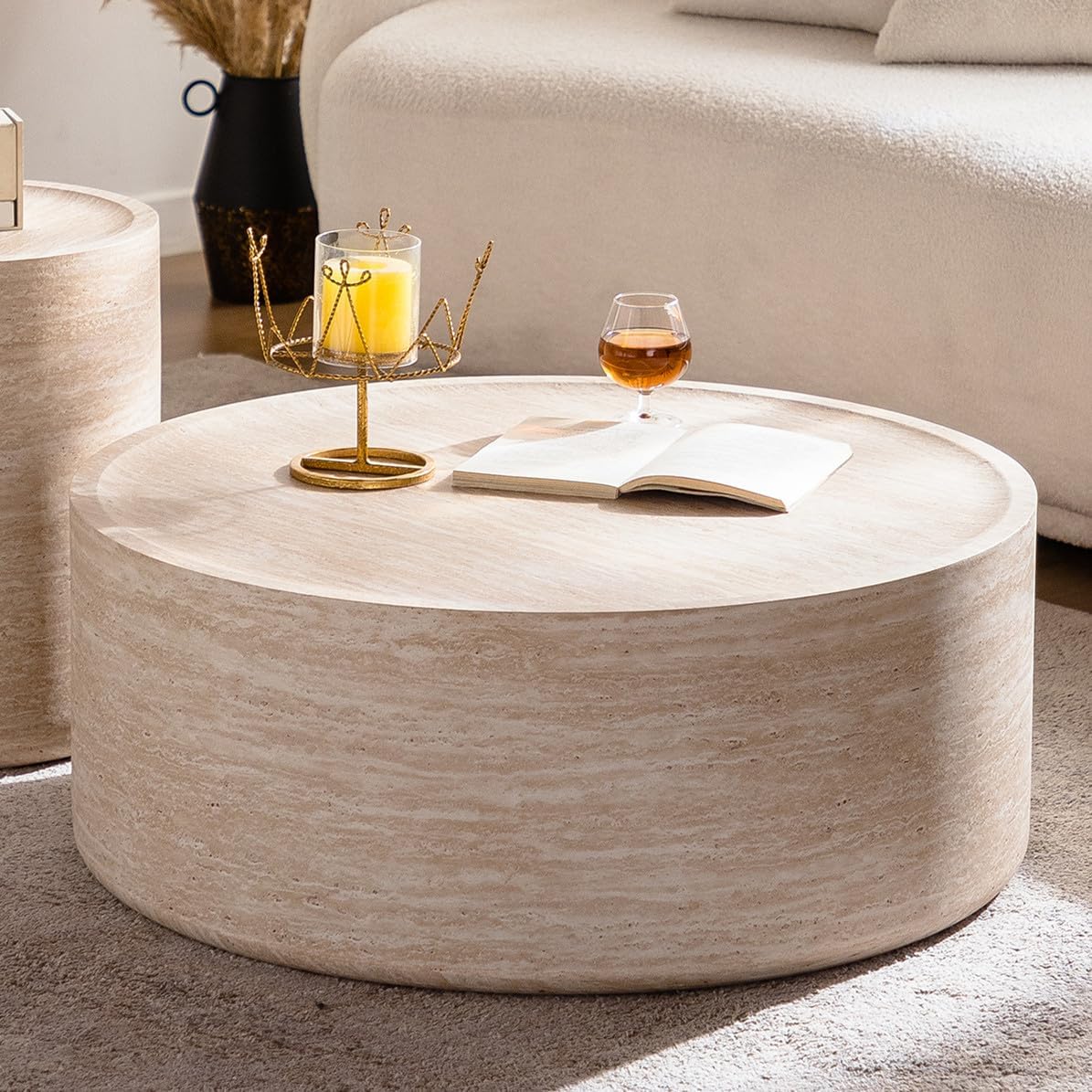 Modern Drum-Shape Coffee Table for Living Room 31.5' Round Cocktail Center Table Faux Travertine Finish Circle Coffee Tables for Home Office, Fully Assembled