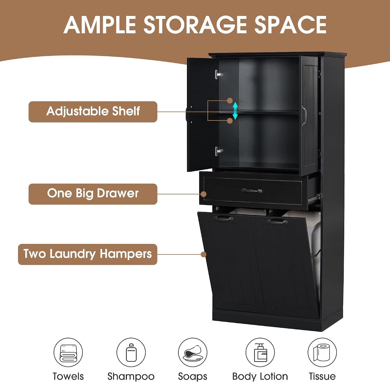 Bathroom Storage Cabinet with 2 Removable Bins, 65.8 in Tall | MDF, painted finish, adjustable shelf, 2 removable bins, enclosed storage, anti-tip, bathroom, 29.9 W x 15.7 D x 65.8 H in