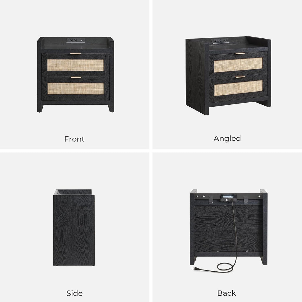 SICOTAS Black Nightstands Set of 2 Bed Side Table - Boho Night Stand End Table with Type-C Charging Station, 2 Rattan Decor Drawers Storage Cabinet Night Stands for Bedroom, Black Oak
