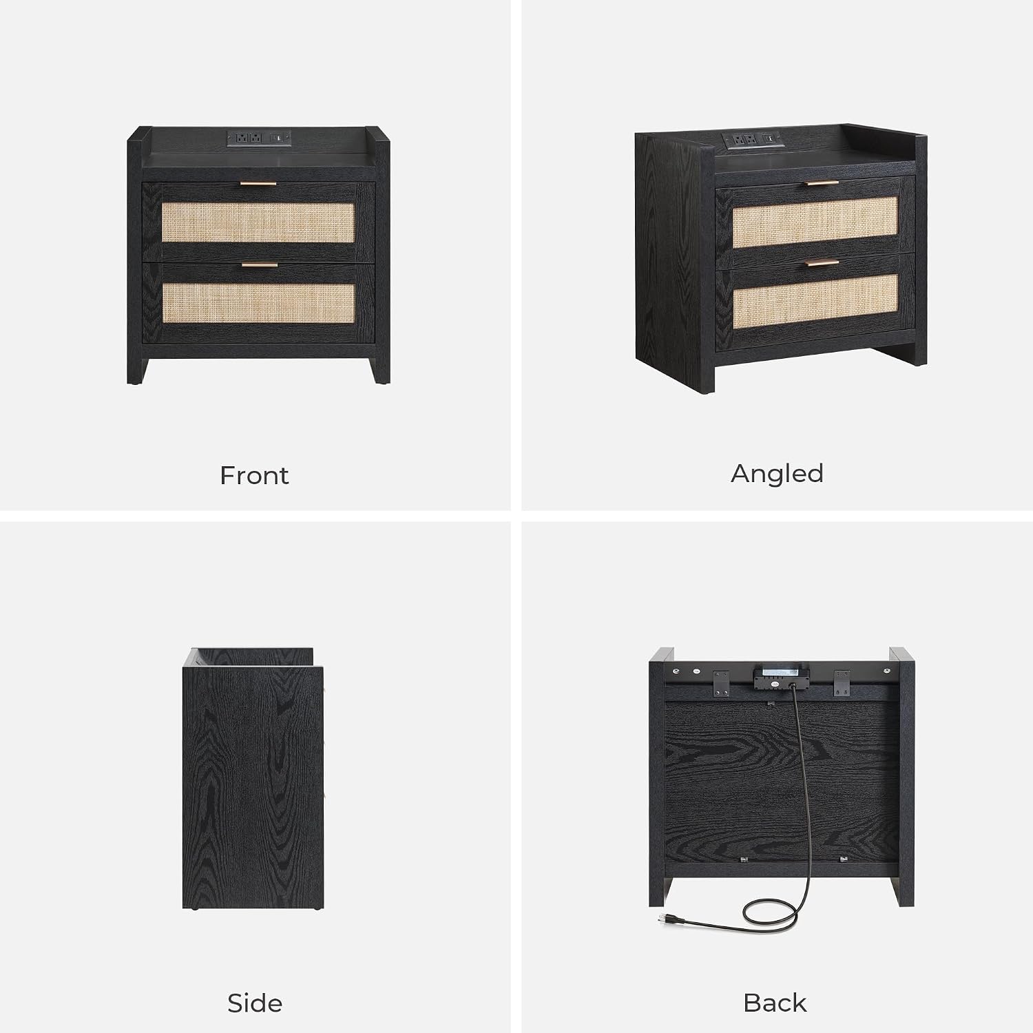SICOTAS Black Nightstands Set of 2 Bed Side Table - Boho Night Stand End Table with Type-C Charging Station, 2 Rattan Decor Drawers Storage Cabinet Night Stands for Bedroom, Black Oak