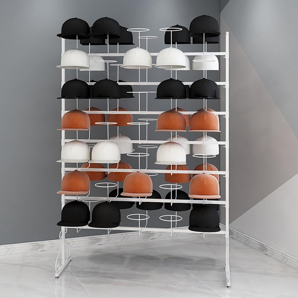 Metal Floor Standing Hat Display Rack with Adjustable Height, Large Capacity Baseball Cap & Wig Organizer 4 Smooth Swivel Casters(White)