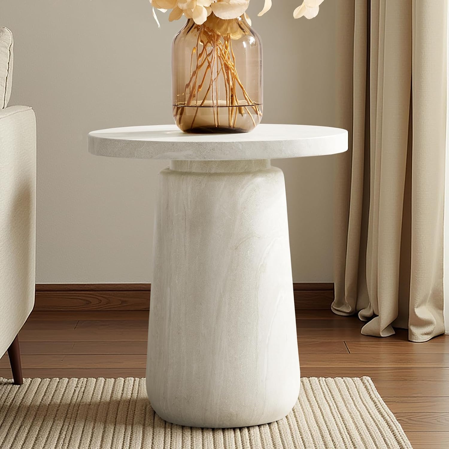 HULALA HOME Sculptural Round End Table with Pedestal Base, Faux Marble Accent Table for Modern Living Room(Beige)