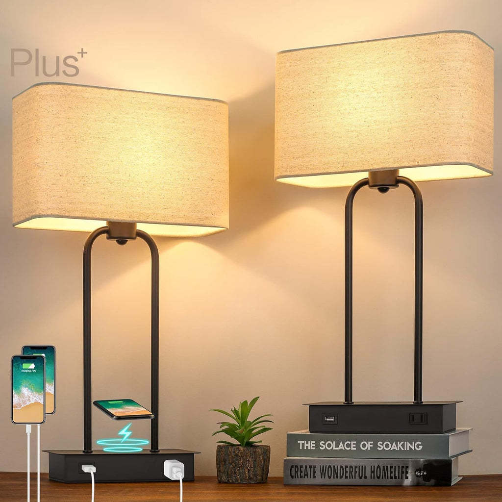 Set of 2 Wireless Charging Touch Control 3-Way Dimmable Table Lamps, Beside Nightstand Lamps for Bedroom with USB Port & AC Outlet, Living Room Office End Table Lamp, LED Bulbs Included, Chip Upgraded