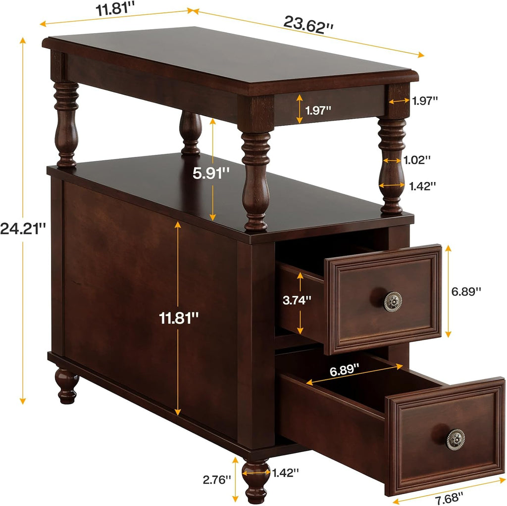 Tribesigns Wood End Table with 2 Drawers, Mid-Century Wooden Slim Side Table Nightstands with Storage Shelf, Accent Table for Living Room, Easy to Assemble (2)