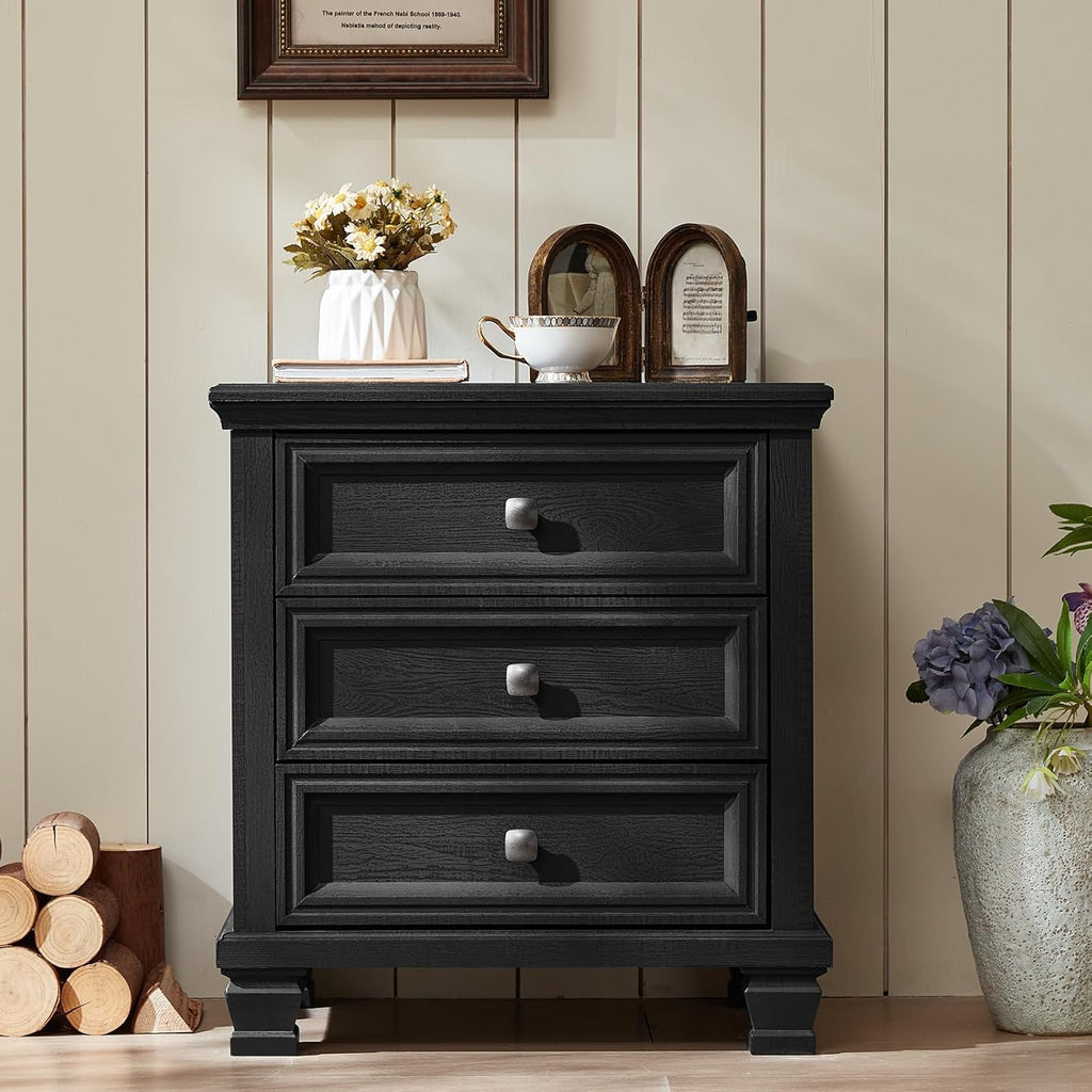 SAVOR LIFE Farmhouse Nightstand Set of 2, Rustic Couch End Table with 3 Drawers & 4 Square Solid Wood Legs, Vintage Bed Side Table with Storage, Small Dresser for Bedroom, Living Room, Black
