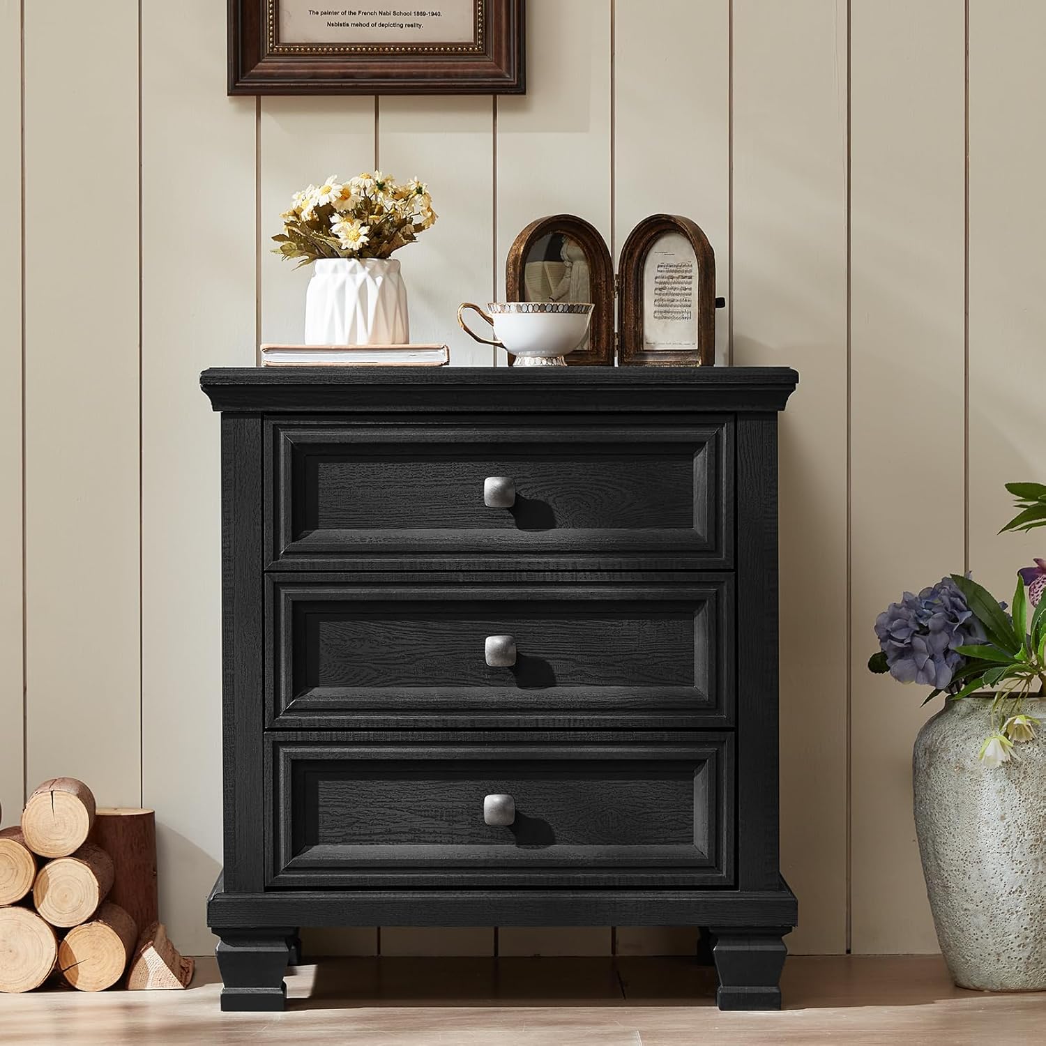 SAVOR LIFE Farmhouse Nightstand Set of 2, Rustic Couch End Table with 3 Drawers & 4 Square Solid Wood Legs, Vintage Bed Side Table with Storage, Small Dresser for Bedroom, Living Room, Black
