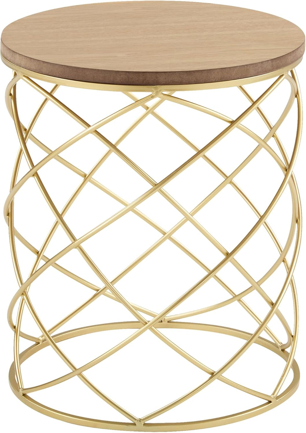Christopher Knight Home Vevia 17' Golden End Table, Metal Accent Table, Round Wooden Top, Nesting Designed Home Decor, Birdcage Small Coffee Tables for Living Room, Bedroom, No Assembly, Natural+Gold