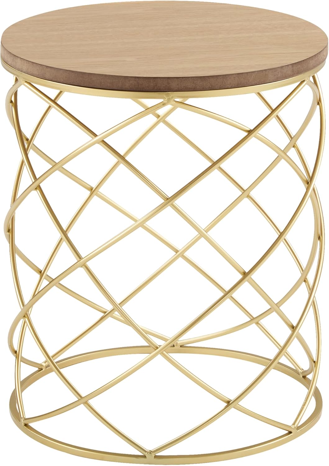 Christopher Knight Home Vevia 17' Golden End Table, Metal Accent Table, Round Wooden Top, Nesting Designed Home Decor, Birdcage Small Coffee Tables for Living Room, Bedroom, No Assembly, Natural+Gold