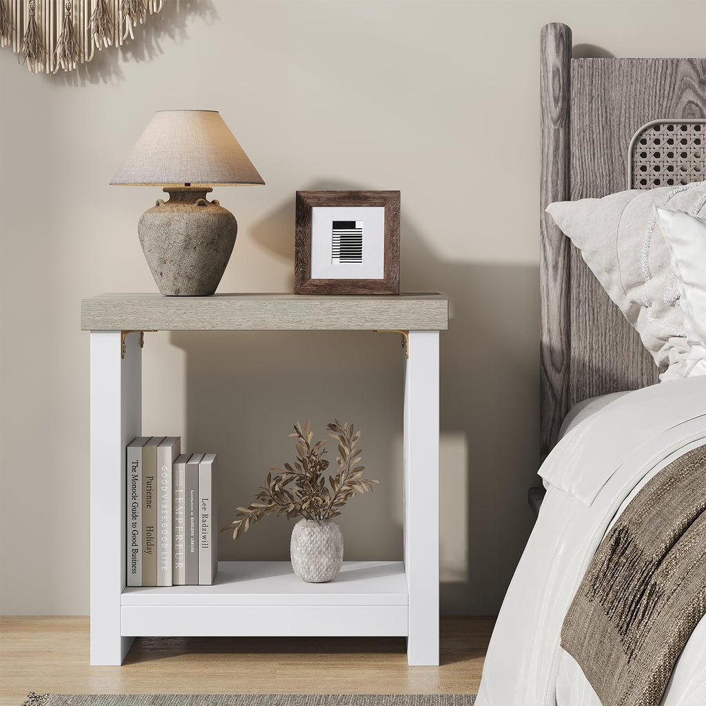 End Tables Set of 2 for Living Room, Narrow Side Tables with Storage Shelves, Square End Table for Bedroom, Slim Nightstand, Skinny Rectangle Accent Table, Farmhouse Bedside Table, White + Gray