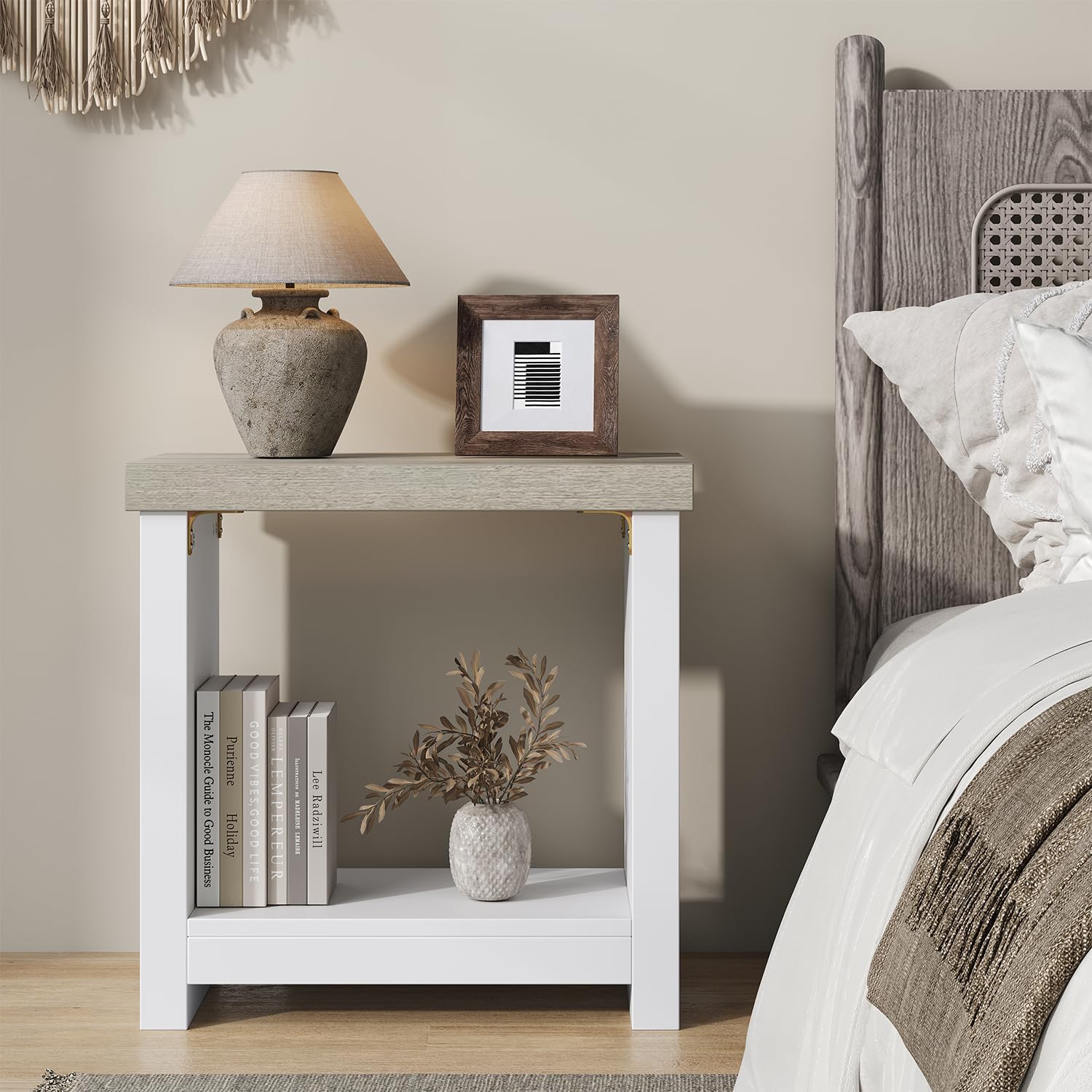 End Tables Set of 2 for Living Room, Narrow Side Tables with Storage Shelves, Square End Table for Bedroom, Slim Nightstand, Skinny Rectangle Accent Table, Farmhouse Bedside Table, White + Gray