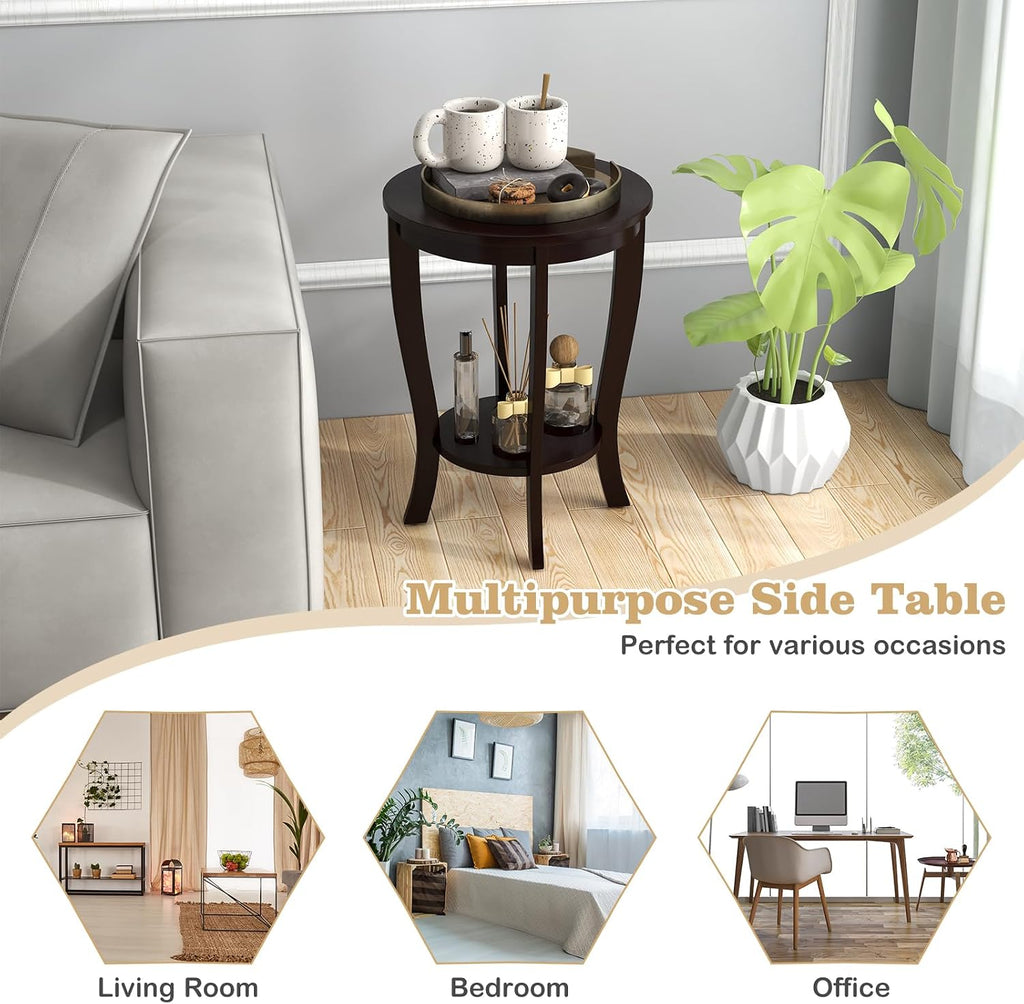 Giantex Round End Tables Set of 2, 2 Tier Side Table with Storage Shelf and Solid Wood Legs, 18' x 18' Accent Table for Corner Small Spaces, Compact Night Stand for Living Room Bedroom, Espresso
