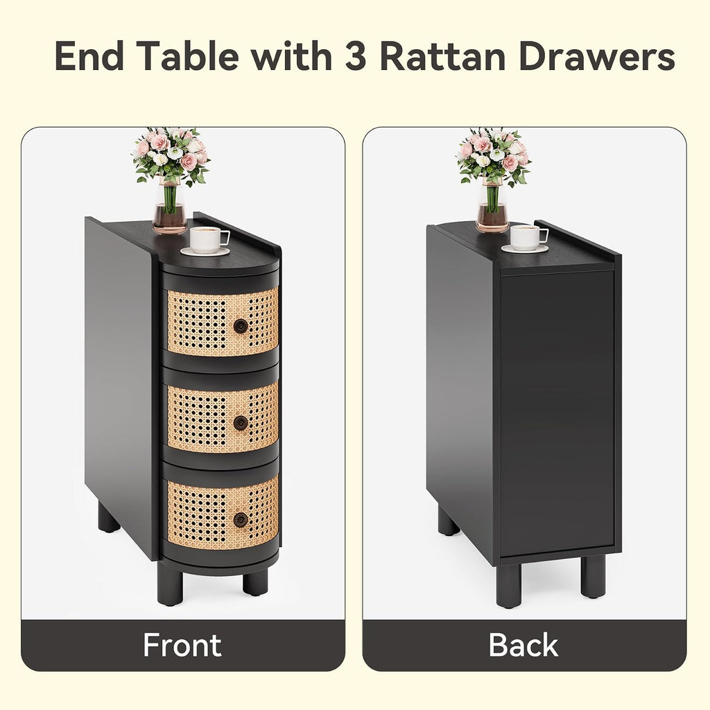 LITTLE TREE End Table, Rattan Narrow Side Table with 3 Drawers, No Assembly Required, Solid Wood Nightstand, Bedside Table for Living Room, Bedroom, Office, Bathroom, Black