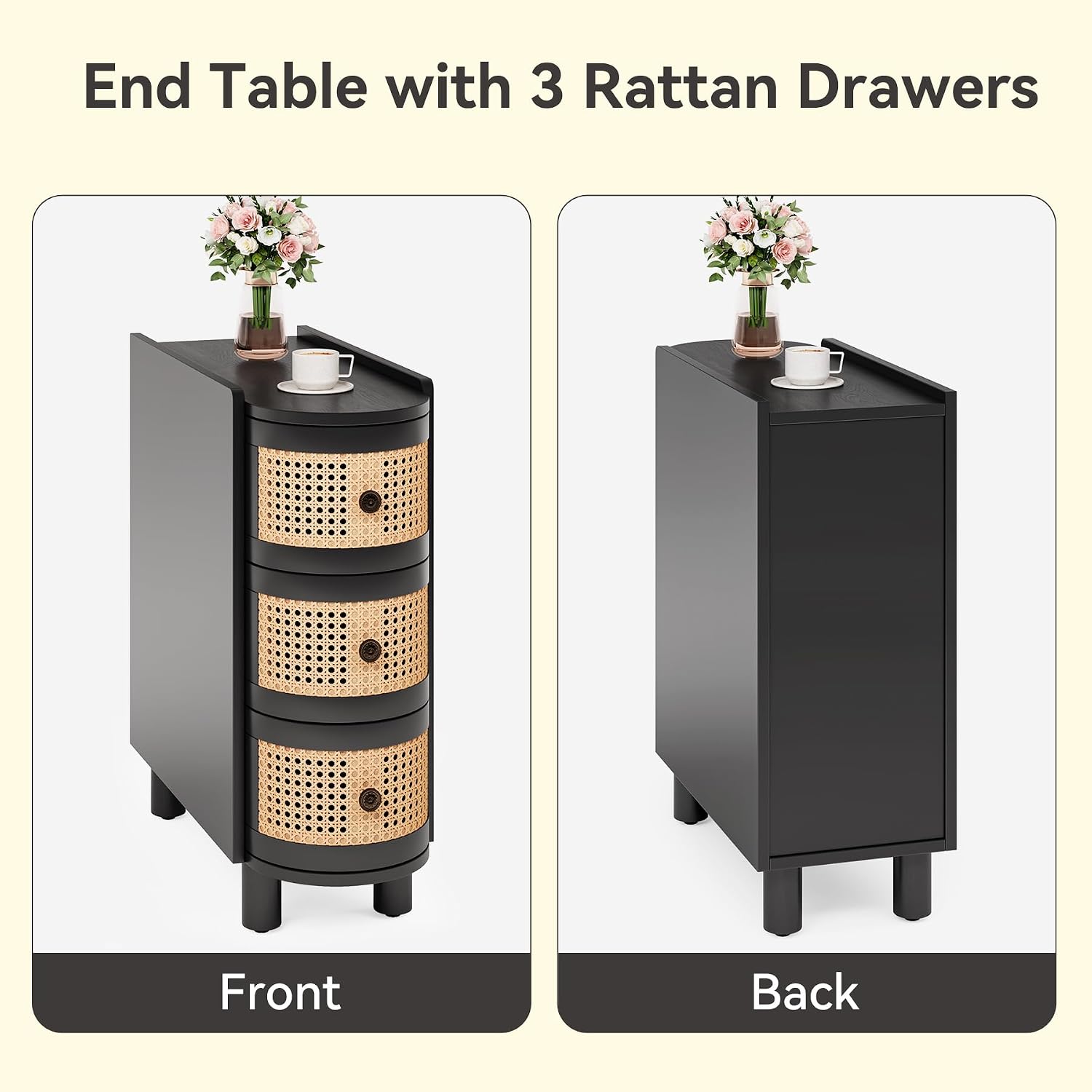 LITTLE TREE End Table, Rattan Narrow Side Table with 3 Drawers, No Assembly Required, Solid Wood Nightstand, Bedside Table for Living Room, Bedroom, Office, Bathroom, Black