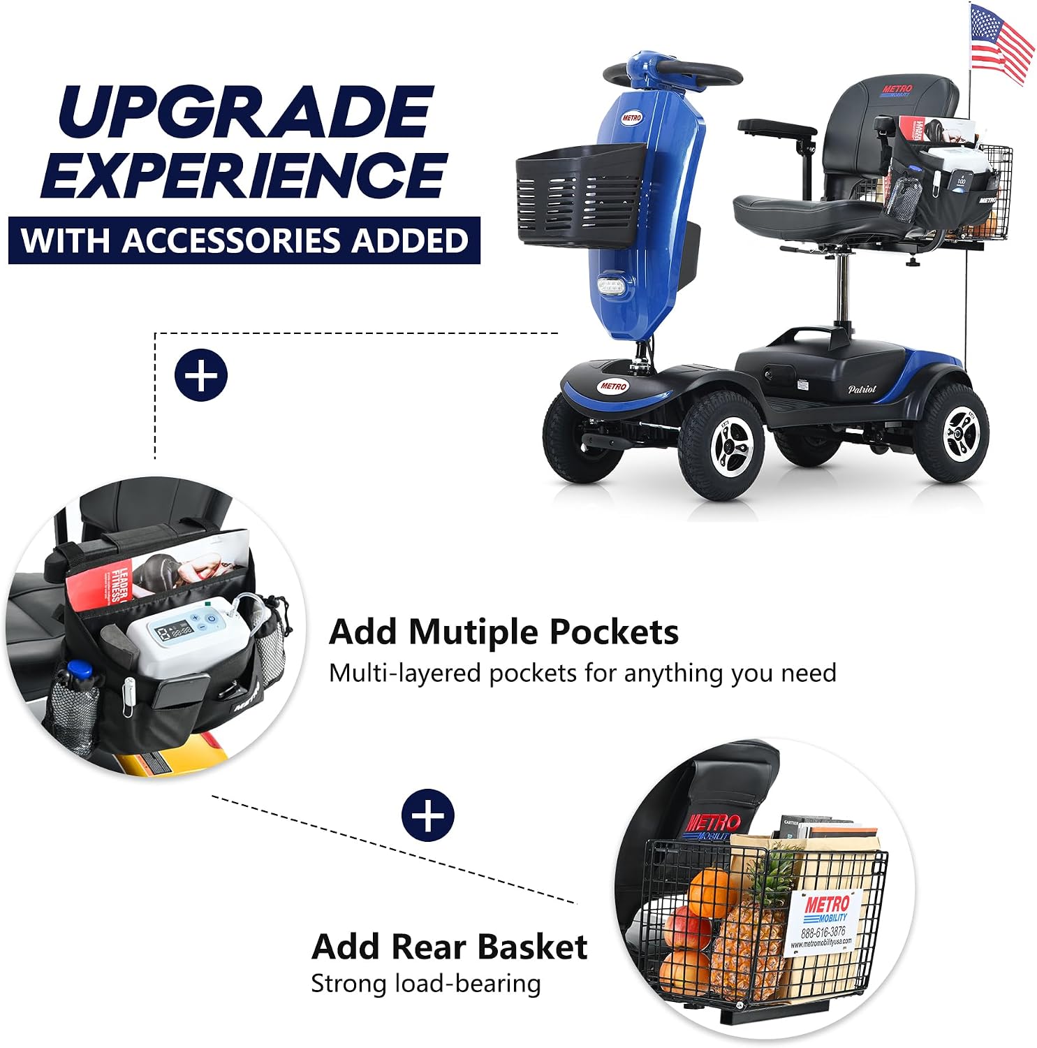 Christmas Gift for Mom Dad Parents Metro Mobility Scooters-Compact Travel Electric Power Mobility Scooter for Adults and Seniors-Lead-Acid Battery-with LED Head Light and Rear Brake Light-M1 Plus Blue