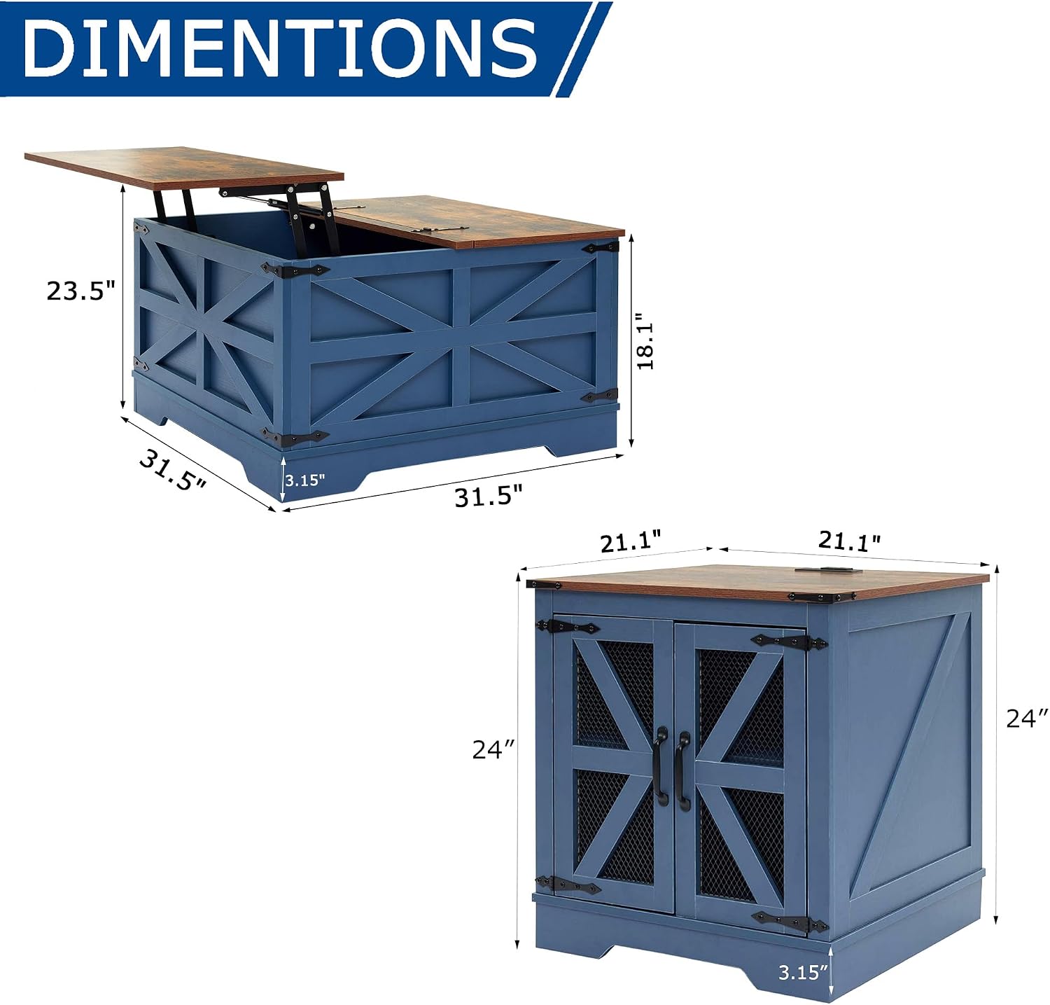 Farmhouse End Table Set with Charging Station, Living Room Tables with Hidden Storage, Wood Square Sofa Bedside Tables, Night Stand with Power Outlet and Door, Blue