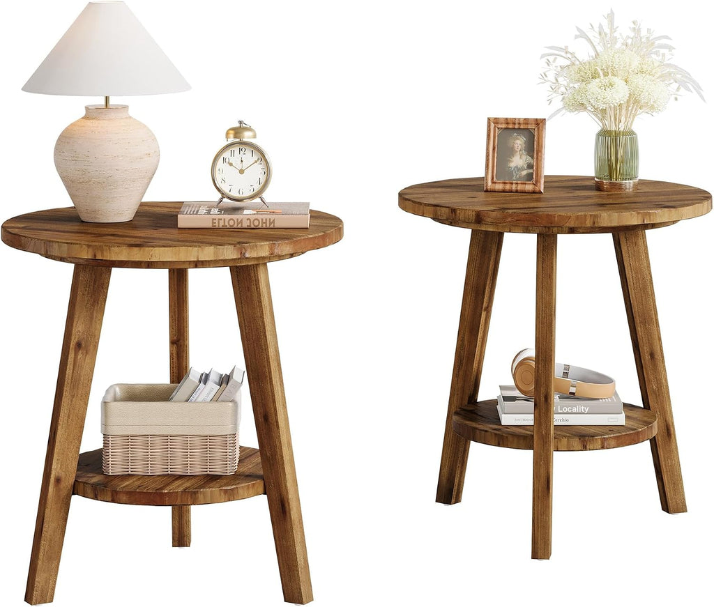 Solid Wood Round End Table Set of 2, Sofa Side Table with Storage Shelf, Farmhouse Nightstand for Living Room, Bedroom, Easy Assembly (Natural, 2 PCS)