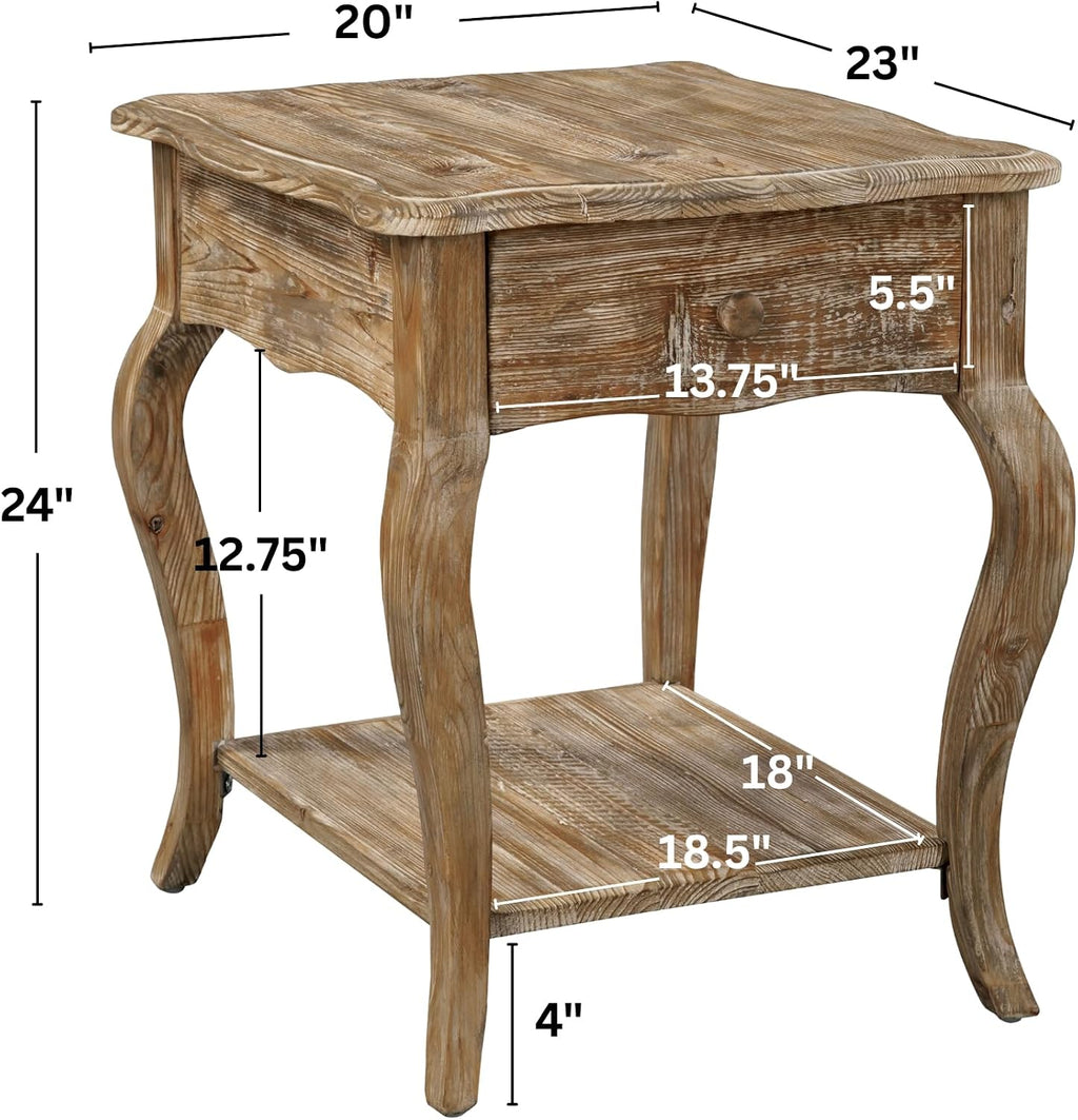 Austerity 20-Inch Rectangular Rustic Solid Wood End Table with Drawer and Shelf – Cedar Wood, Driftwood Finish, Queen Anne Legs, Scalloped Edges – Living Room Accent Table by Alaterre Furniture