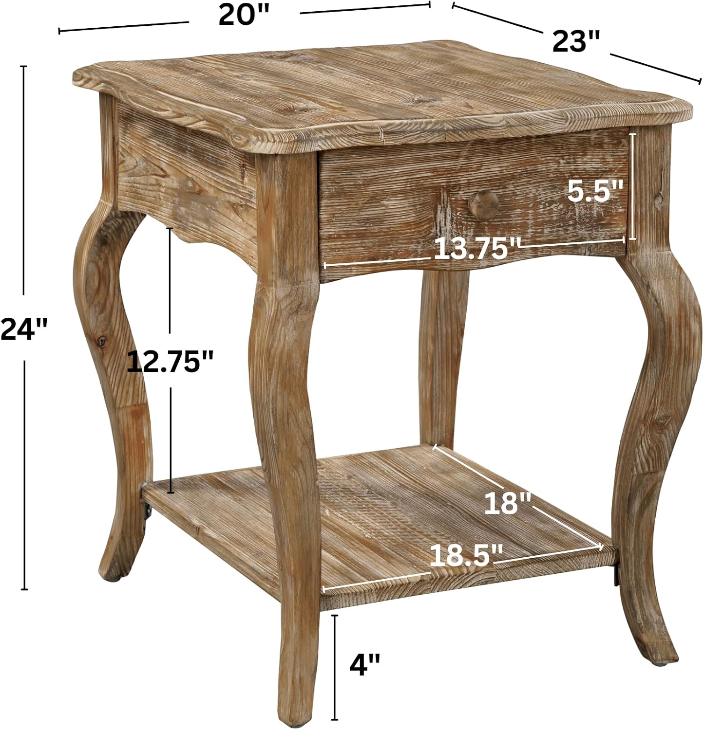 Austerity 20-Inch Rectangular Rustic Solid Wood End Table with Drawer and Shelf – Cedar Wood, Driftwood Finish, Queen Anne Legs, Scalloped Edges – Living Room Accent Table by Alaterre Furniture
