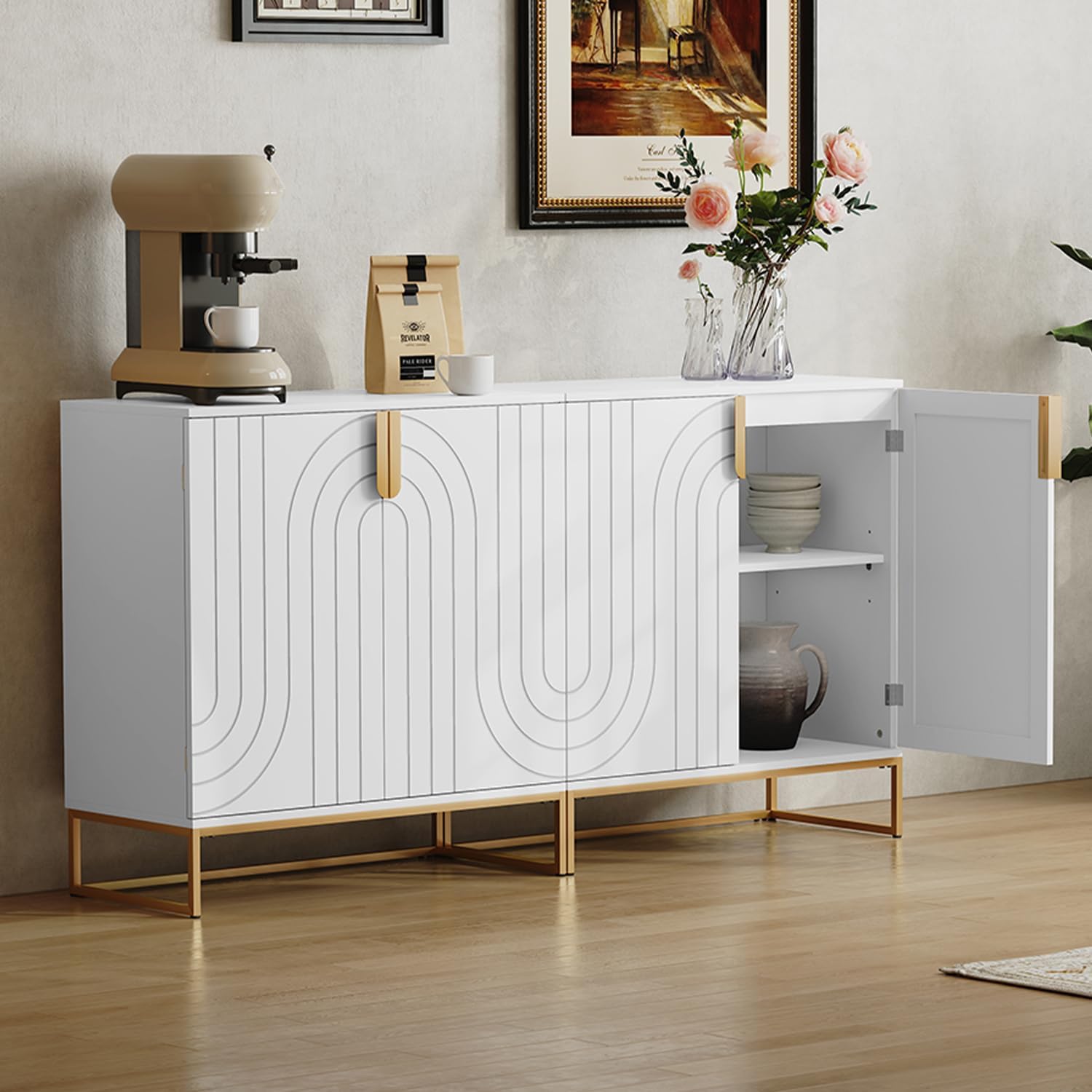 HLR 2PCS Sideboard Buffet Cabinet with Storage, Modern Accent Cabinet Adjustable Shelves Wooden Storage Cabinets for Kitchen, Dining Room, Living Room, Coffee Bar, Garage, Entryway, White