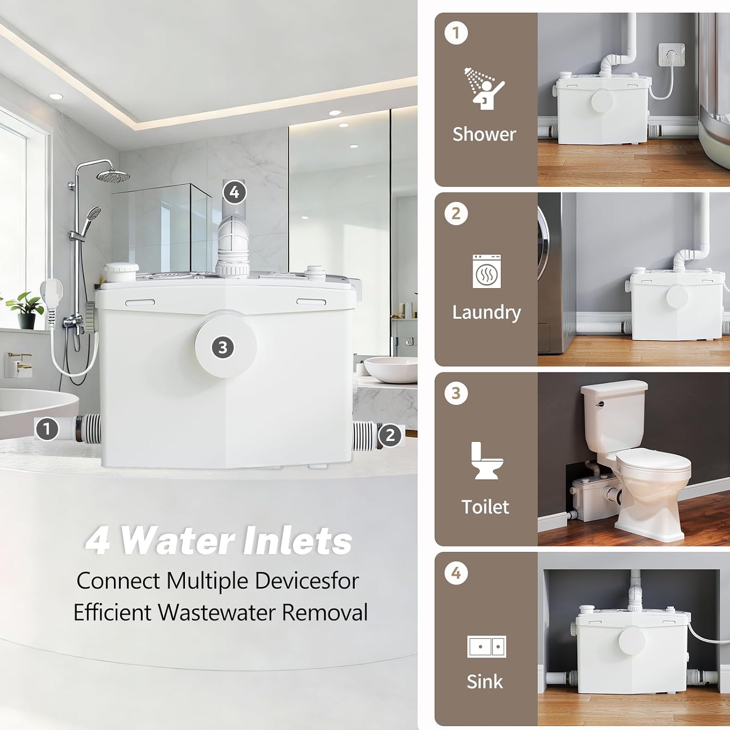800PRO Macerating Toilet with Pump, Two-Piece Upflush Toilet For Basement, Powerful & Quiet Macerating Pump System With 4 Water Inlet, 23Ft Vertically, Elongated Bowl