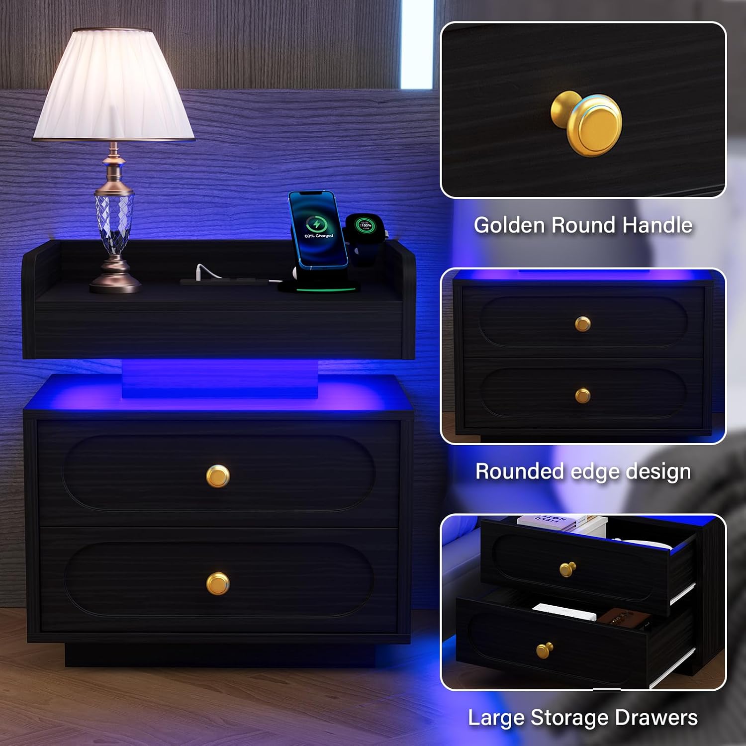 4ever2buy Black Nightstand Set of 2 with Adjustable LED Lights and Charging Station Modern Bedside Tables with 2 Drawers End Tables for Bedroom