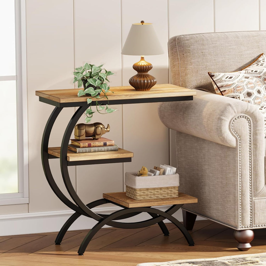 Tribesigns C-Shaped End Table Set of 2, Industrial 3-Tier Small Side Table for Couch, Wood Bedside Table Snack Side Table with Storage Shelves for Living Room Small Space, Light Brown