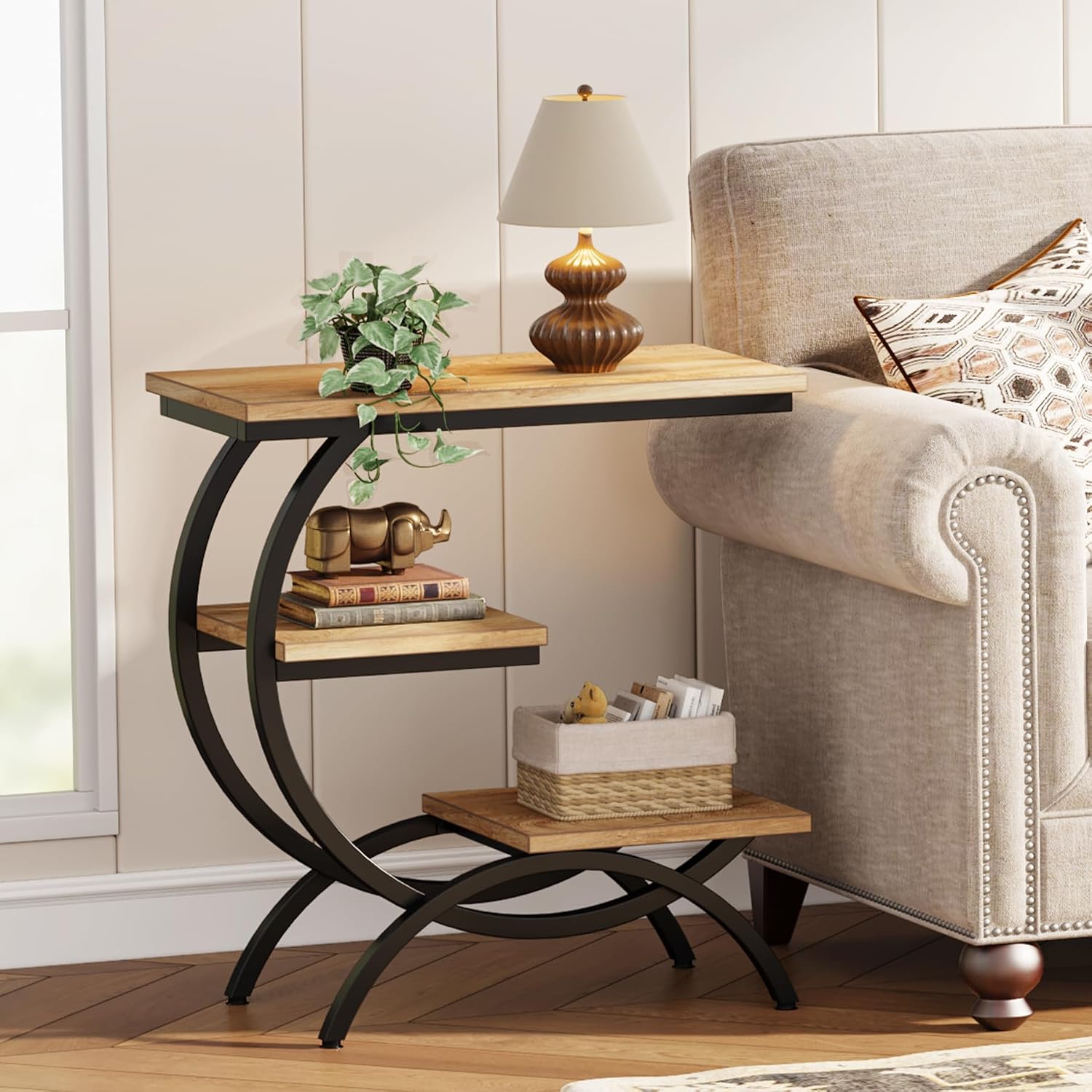 Tribesigns C-Shaped End Table Set of 2, Industrial 3-Tier Small Side Table for Couch, Wood Bedside Table Snack Side Table with Storage Shelves for Living Room Small Space, Light Brown
