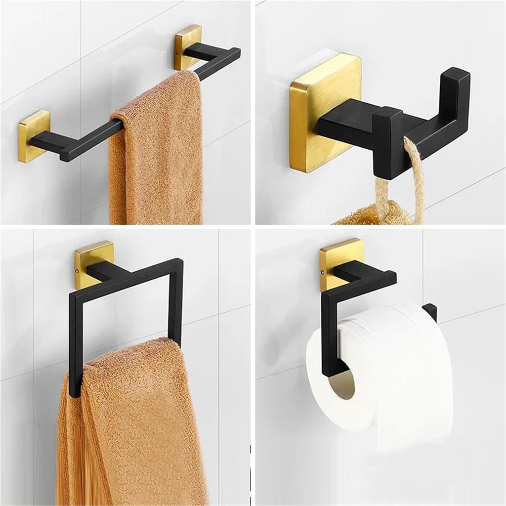 Black Gold Stainless Steel Bathroom Hardware Kit Towel Bar Toilet Paper Rack Clothes Doule Hooks Ring Square Brushed(R)