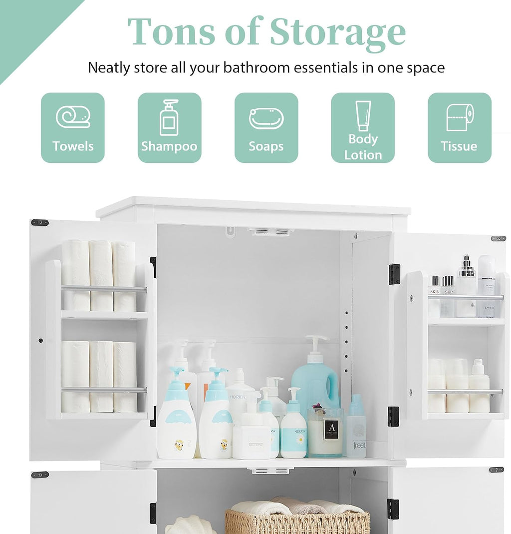 Bathroom Storage Cabinet with Adjustable Shelves, Freestanding | MDF, painted finish, adjustable shelves, 4 doors, anti-tip kit, bathroom, home office, 23.6 W x 11.8 D x 43.3 H in