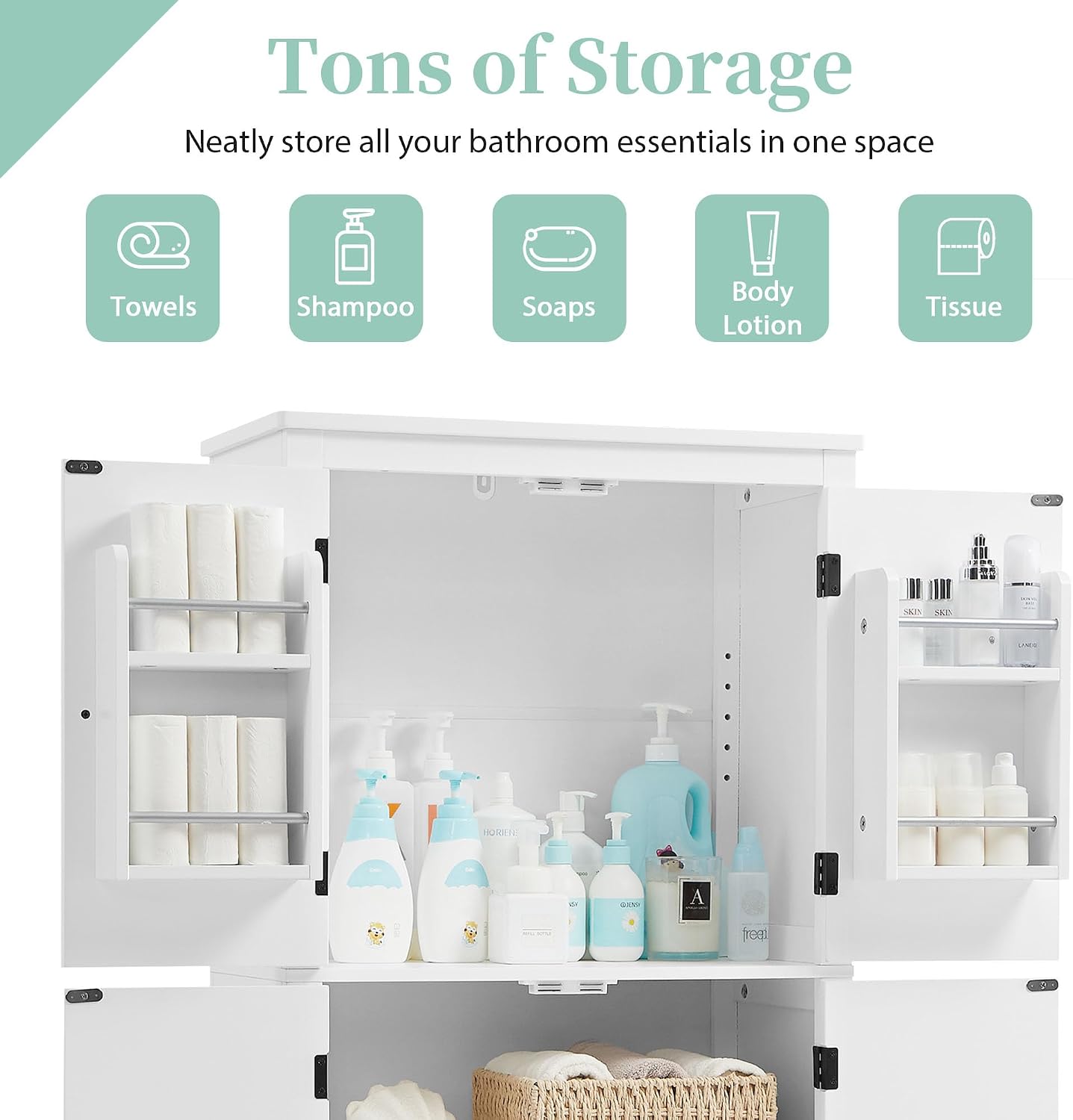 Bathroom Storage Cabinet with Adjustable Shelves, Freestanding | MDF, painted finish, adjustable shelves, 4 doors, anti-tip kit, bathroom, home office, 23.6 W x 11.8 D x 43.3 H in