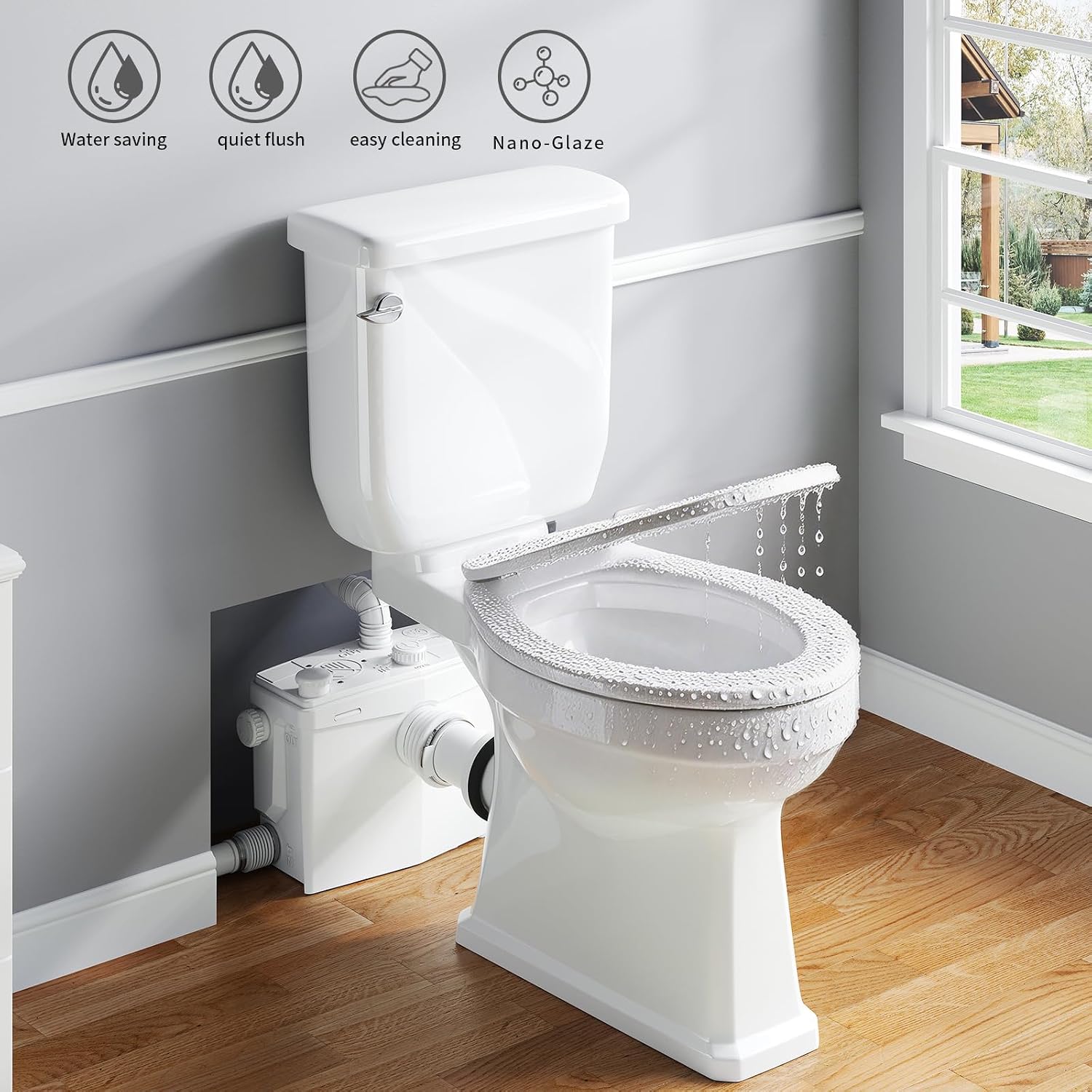 800PRO Macerating Toilet with Pump, Two-Piece Upflush Toilet For Basement, Powerful & Quiet Macerating Pump System With 4 Water Inlet, 23Ft Vertically, Elongated Bowl