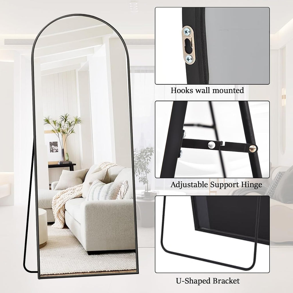 Rowjut Full Length Mirror Arched Floor Length Mirrors, 71'x26' Large Full Body & with Stand & Arch Wall Mounted & Standing Mirror for Bedroom Living Room, Aluminum Frame, Black