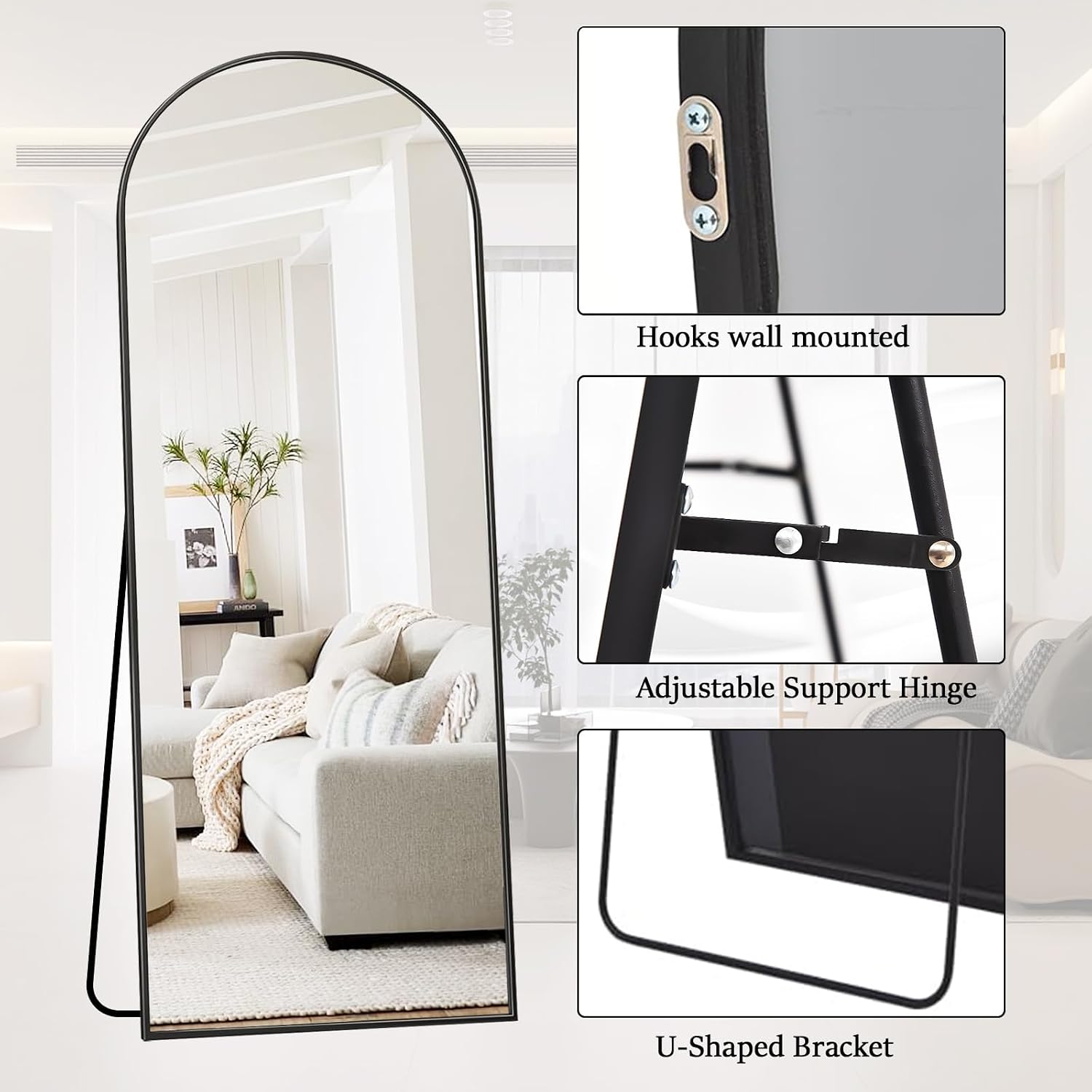 Rowjut Full Length Mirror Arched Floor Length Mirrors, 71'x26' Large Full Body & with Stand & Arch Wall Mounted & Standing Mirror for Bedroom Living Room, Aluminum Frame, Black