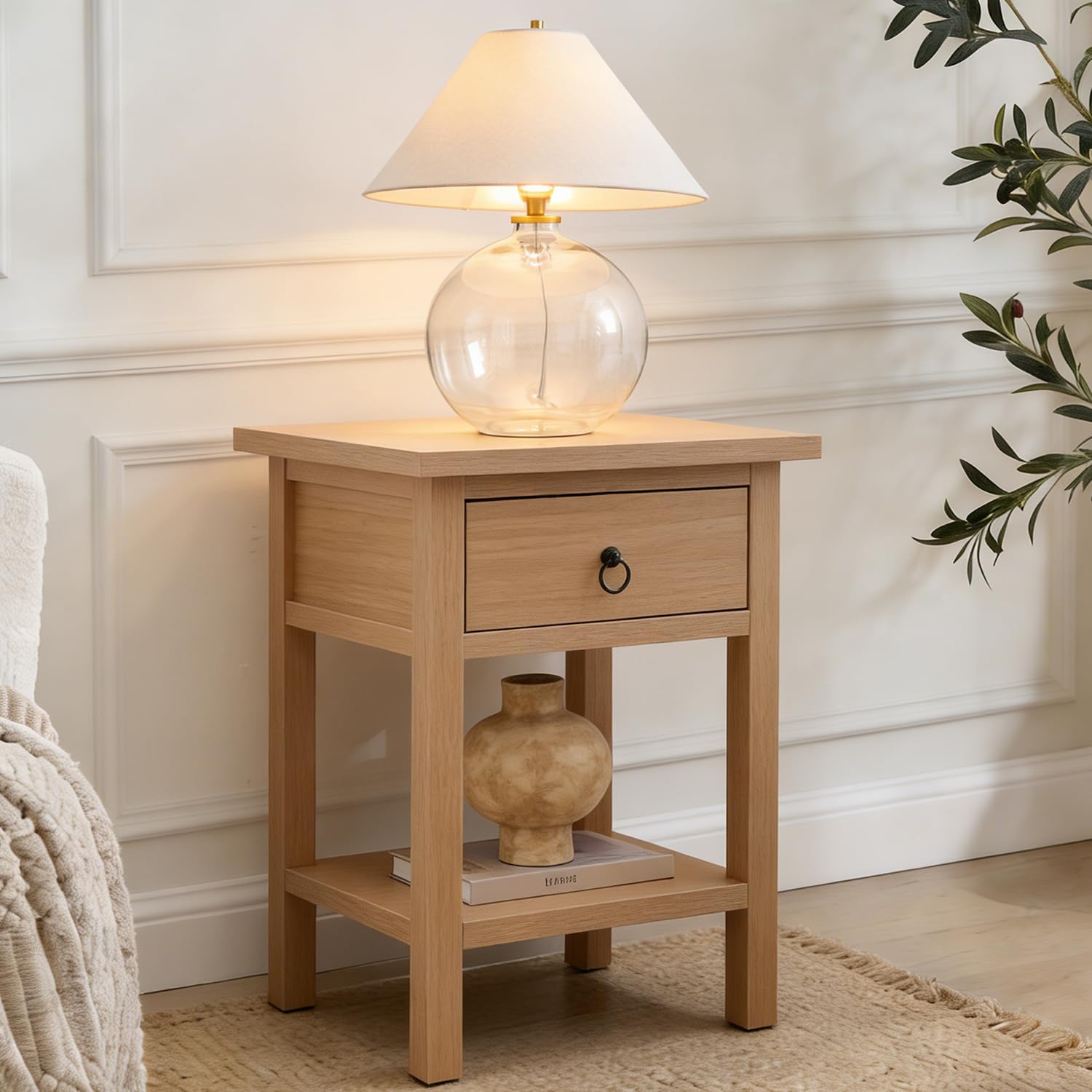 Nightstand Set of 2, Boho Bedside Table with Drawer, Farmhouse End Table with Open Storage Shelf, Bed Side Table Accent Table for Bedroom, Living Room