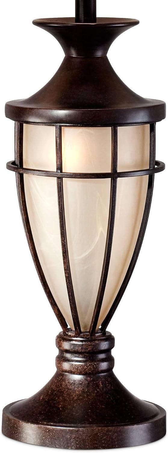 John Timberland Mission Cage Table Lamps 33' Tall Set of 2 with Nightlight Lantern Brushed Iron Brown Beige Fabric Shade for Living Room Bedroom House Bedside Nightstand Home Office Entryway