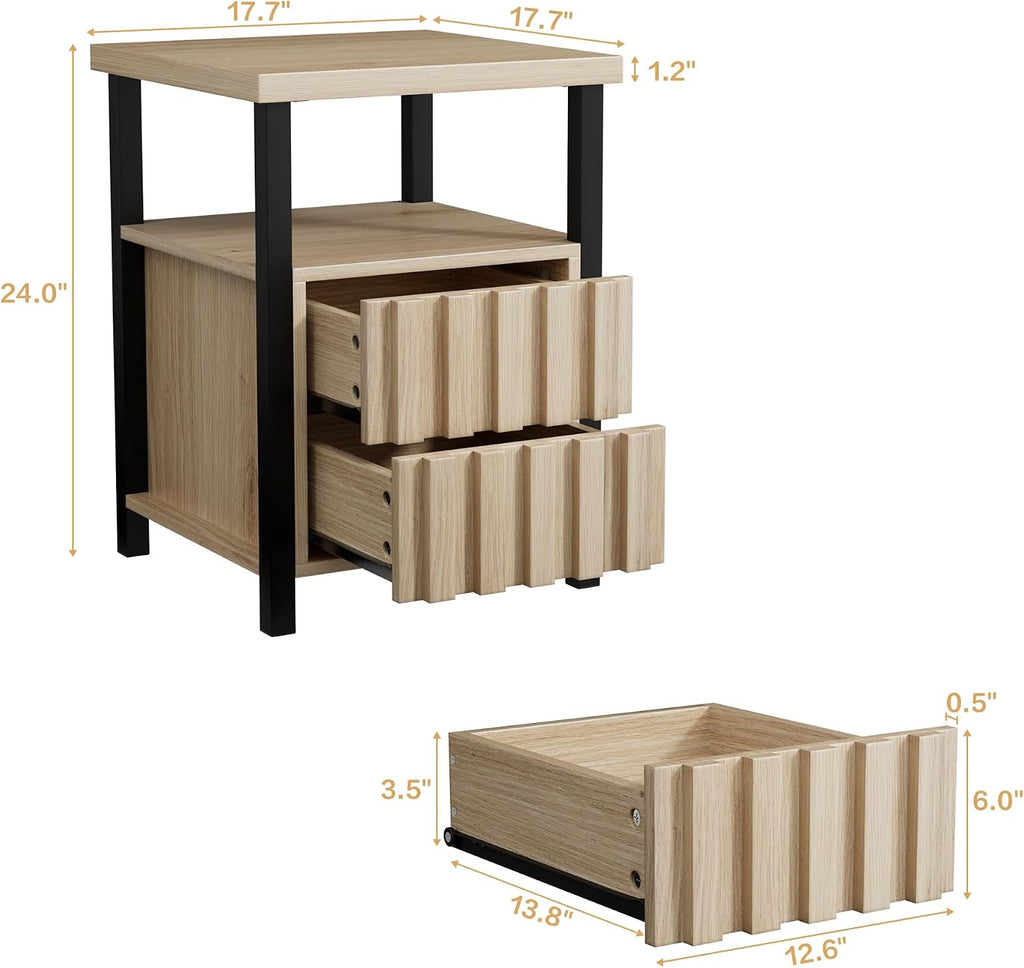 UEV Mid Century Modern 3-Piece Living Room Set,TV Stand Cabinet and 2 End Tables Set,Nightstand Set of 2, Wood Fluted TV Stand Sofa Side Table with 2 Drawers and Open Shelf for Living Room,Ivory White