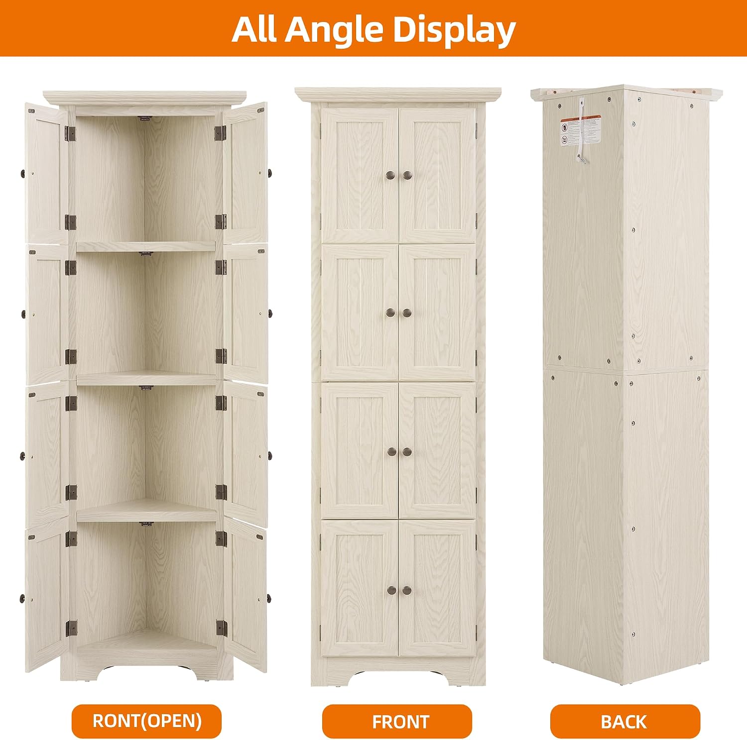 4 Tier Farmhouse Corner Storage Cabinet, 72' H Kitchen Pantry Cabinet with 8 Doors & 4 Shelves, Home Space Saver for Kitchen, Office, Living Room, White
