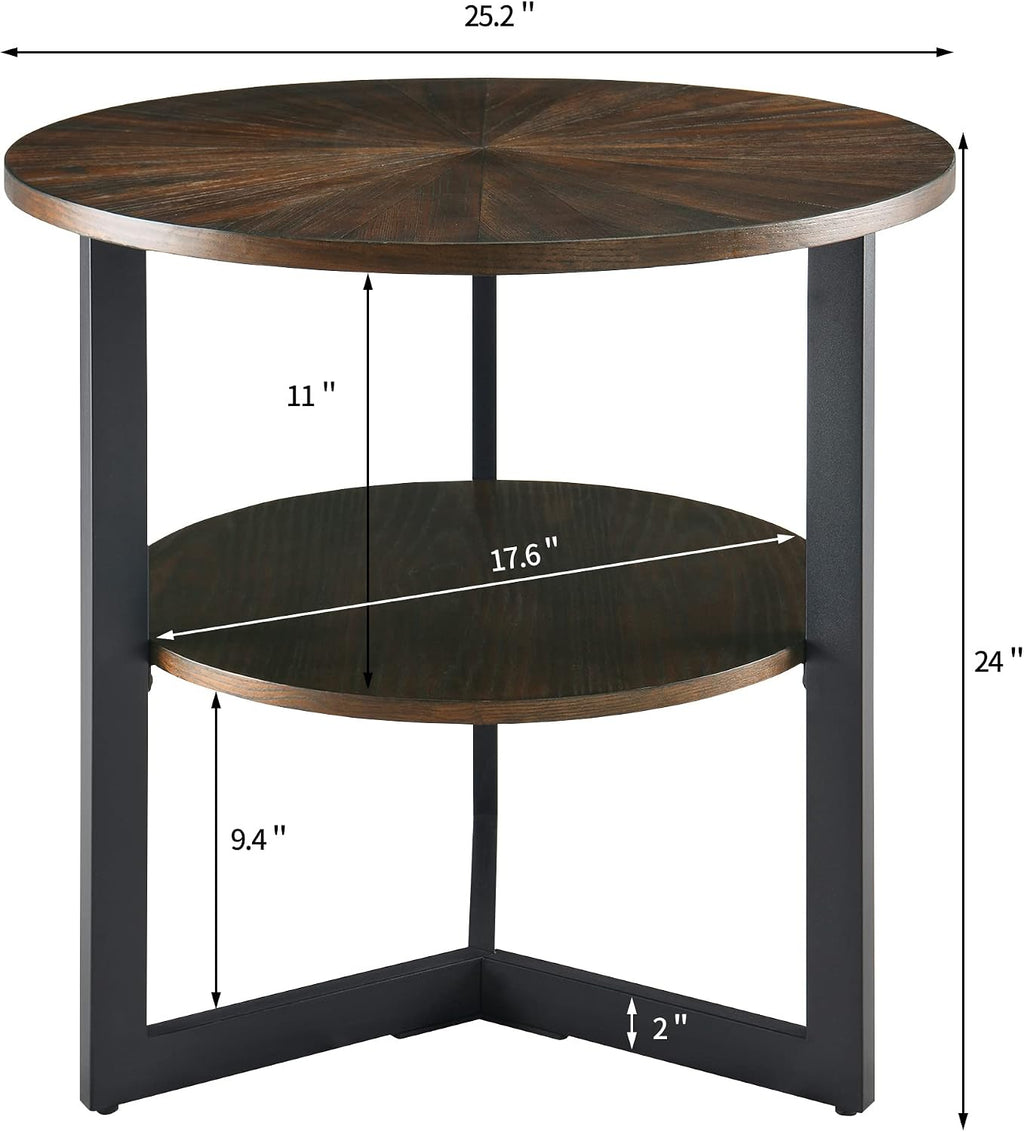Large End Table with Storage Shelf Rustic Circular Sofa Side Table with Black Metal Legs Solid Wood Nightstand Telephone Table for Living Room Bedroom 25.2'D x 24'H Natural Brown CJZ1338NC
