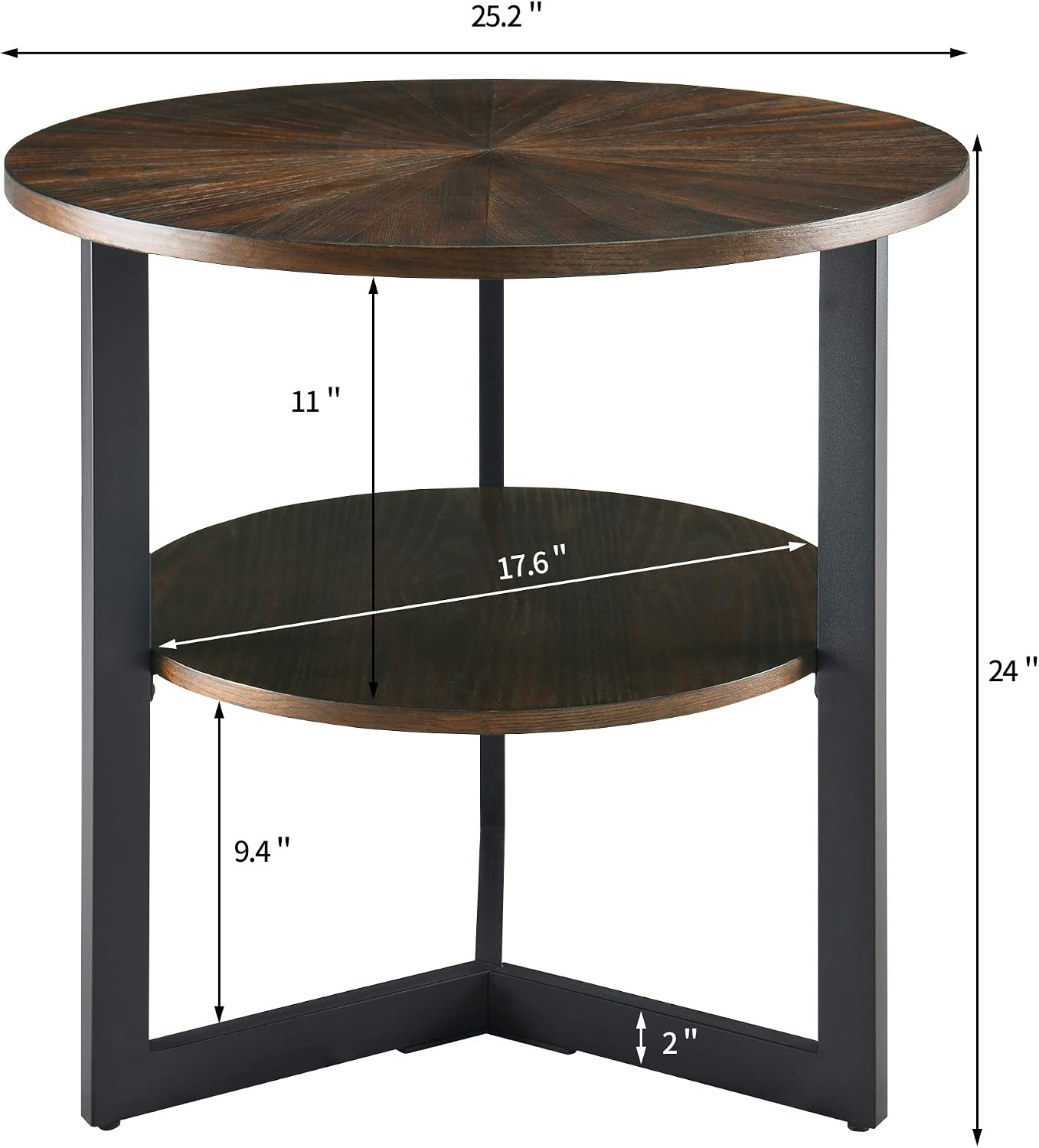 Large End Table with Storage Shelf Rustic Circular Sofa Side Table with Black Metal Legs Solid Wood Nightstand Telephone Table for Living Room Bedroom 25.2'D x 24'H Natural Brown CJZ1338NC
