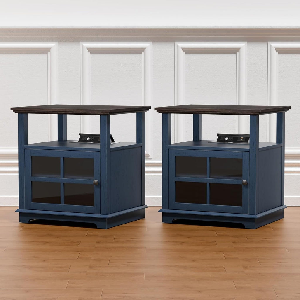 HIFYOBRO Living Room Side Table, 21''End Table Set of 2 with Charging Station for Bedroom, Farmhouse Rustic Wood Sofa Side Table Set of 2 with Large Storage, Blue