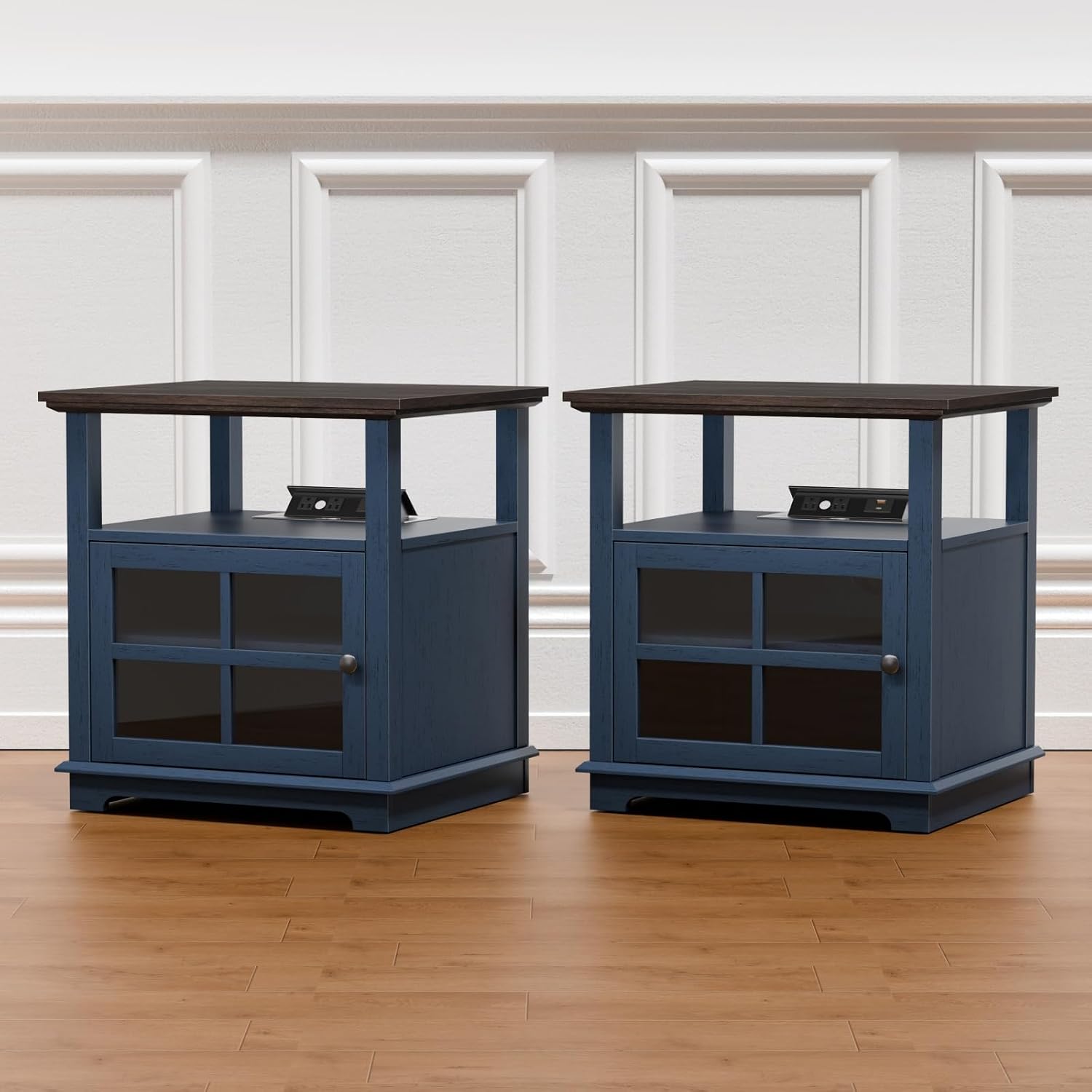 HIFYOBRO Living Room Side Table, 21''End Table Set of 2 with Charging Station for Bedroom, Farmhouse Rustic Wood Sofa Side Table Set of 2 with Large Storage, Blue