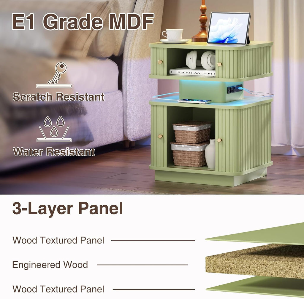 Set of 2 LED Light End Table with Charging Station, Green Mid Century Bedside Table with USB Type A C Ports, Small Fluted Accent TV Control Nightstand with Sliding Door for Living Room, Curvy Edge