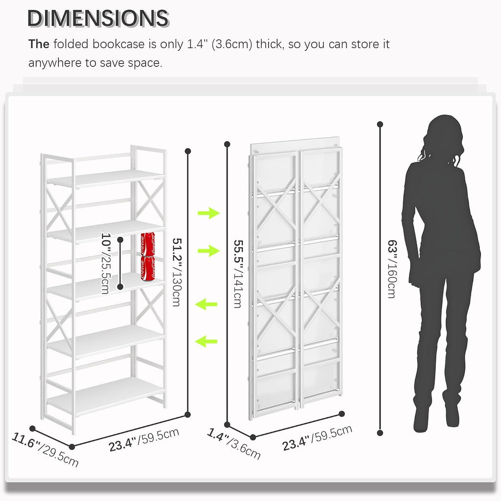 4NM 5 Tiers No Assembly Book Shelves, 51.2' H Folding Bookshelf Bookcase Open Industrial Foldable Shelves for Bedroom, Living Room, Home Office - All White